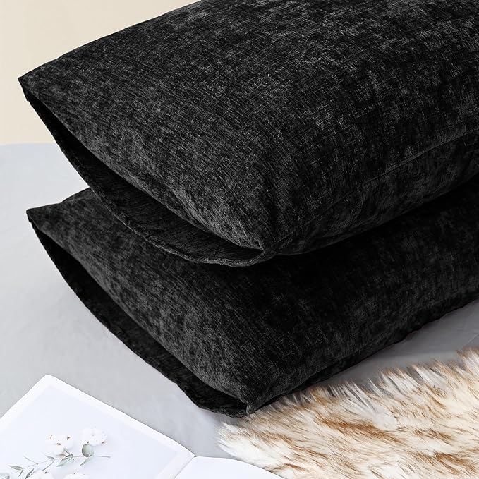 CaliTime Throw Pillow Covers Decorative 20 X 26 Inches Pack of 2 Cozy Chenille Standard Pillow Shams Cases for Couch Sofa Bed Living Room Home Black