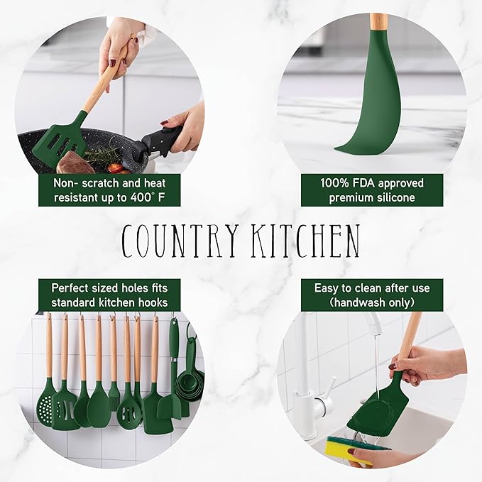 Country Kitchen Non Stick Silicone Utensil Set with Rounded Wood Handles for Cooking and Baking, 38 Piece Set, Green