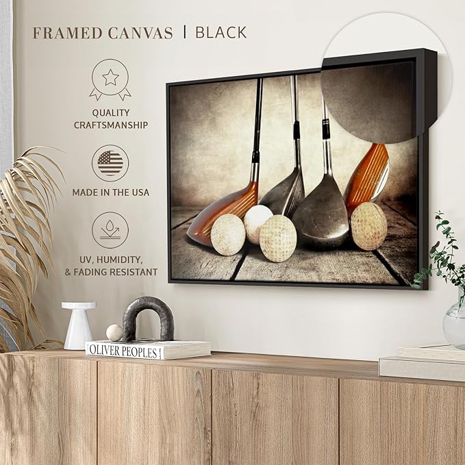 ElephantStock Golf Sets Wall Art - Horizontal Framed Canvas - 1-Piece Mancave Wall Decor - Photography Sports Canvas Print - Yellow and Brown Decor for Wall - 43" X 29"