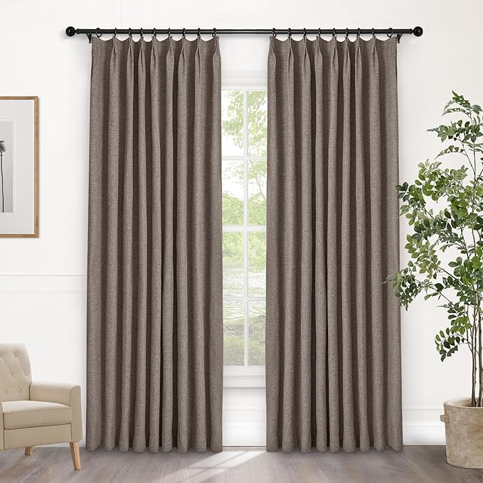 Macochico 100% Blackout Pinch Pleated Linen Curtains Thermal Window Treatments Sound Reducing Curtains for Bedroom Living Room Light Coffee Farmhouse Burlap Drapes with Tieback 52”Wx63”L 1 Panel
