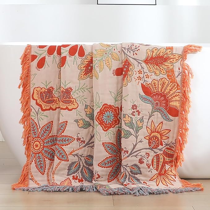 Boho Throw Blanket for Bed-Soft Cotton Rustic Quilt 80"×90",Floral Printed Farmhouse Decor Muslin Bed Blankets for Sofa Couch Chair, Seasons