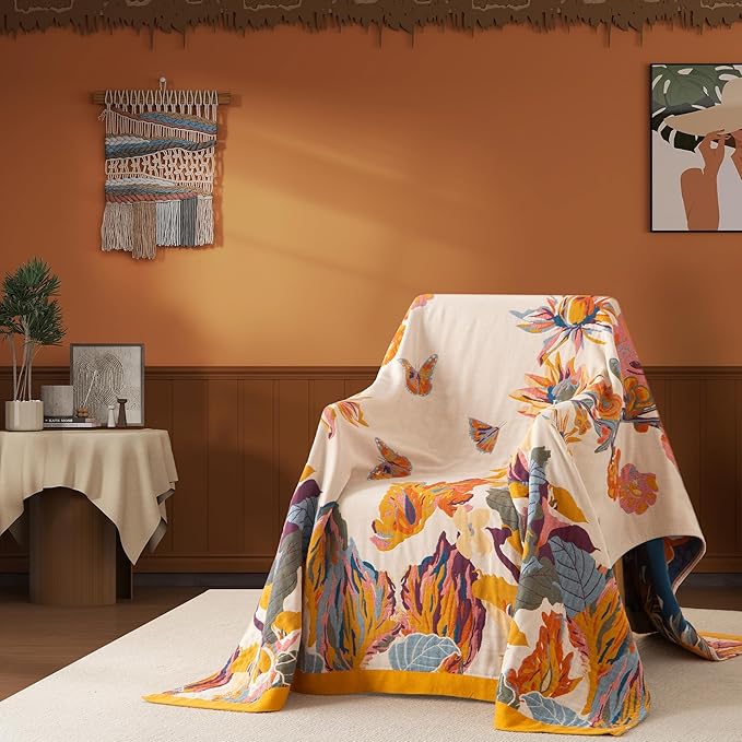 Boho Throw Blanket Full Size, Extra Large Soft Cozy Cotton Muslin Quilt Blanket for Bed Decor, Floral Patterned Couch Sofa Chair Cover, Vintage Farmhouse Cottage Woven Blanket, Yellow&Blue