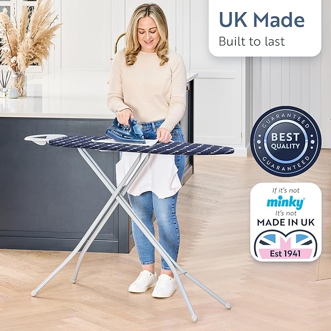 Classic 4-Leg Ironing Board with Iron Rest - Freestanding Full Size Iron Board for Clothes Pressing and Steaming with 43" x 14" Surface - Blue Arrows