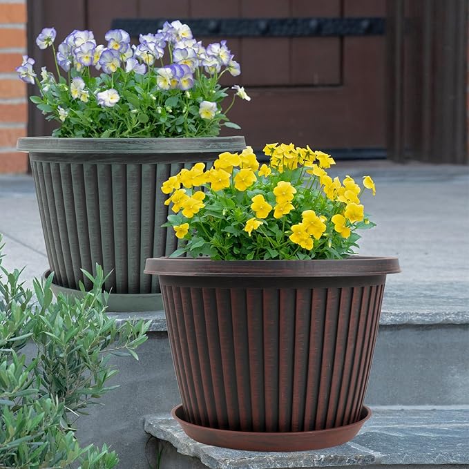 12 inch Plant Pots Indoor Outdoor, 4 Pack Large Planter, Plastic Flower Pots with Saucer and Drainage Holes, Modern Decorative Resin Garden Pots for House Plants