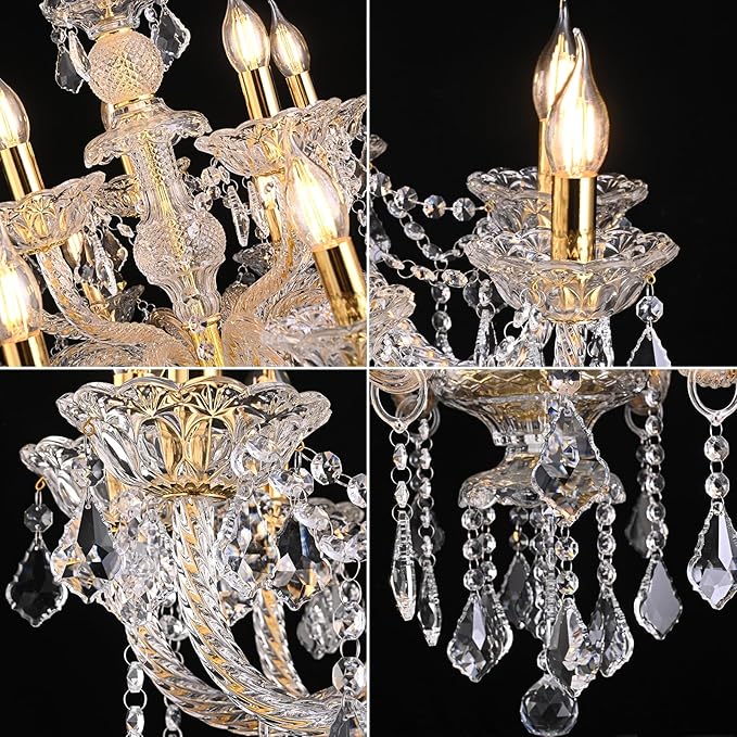Contemporary Crystal Chandelier 12 Lights Clear Crystal Ceiling Lights for Living Room，E12 Base Double Layered Pendant Light Fixture for Dining Room Staircase, Hallway