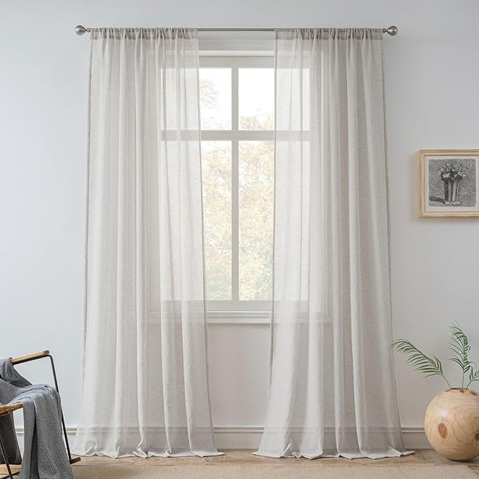 FMFUNCTEX Linen Sheer Curtains for Bedroom, Grey Curtains 84 inches Long for Living Room, Gray Farmhouse French Flax Blend Window Draperies, Rod Pocket 2 Panels Set