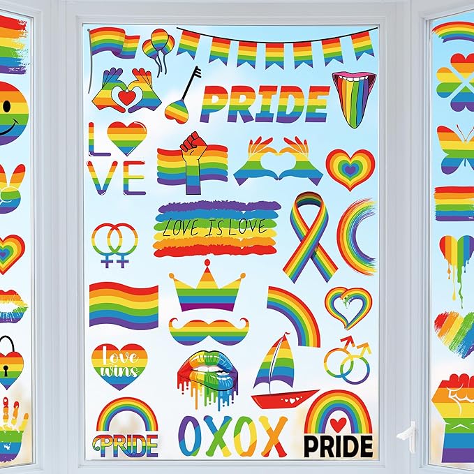 9 Sheets LGBT Rainbow Window Clings, Pride Decorations Window Cling, Gay Love Heart Stickers, Double-Side Pride Wall Clings Decals for Pride Day LGBTQ Rainbow Party Parades Supplies Decor