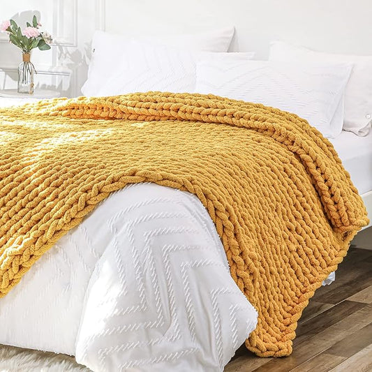 Bigacogo Chunky Knit Throw Blanket for Couch, 51x63 inches, 100% Hand Knitted with Thick Jumbo Chenille Yarn, Cozy Soft Large Rope Knot Cable Crochet Blankets for Sofa Bed Living Room, Mustard Yellow