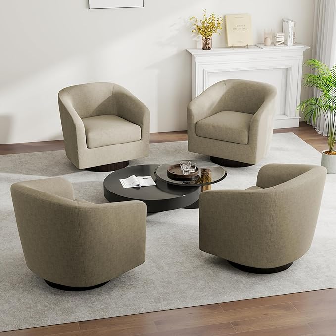 Swivel Barrel Accent Chair, Modern Round Linen Arm Chair for Living Room, Bedroom, Comfy Club Reading Chairs for Adults（Linen Fabric, Light Brown, Set of 4