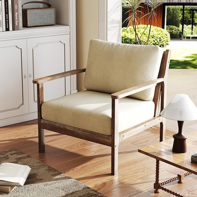 Giantex Mid Century Modern Accent Chair Set of 2, Wooden Arm Chair w/Solid Wood Frame, Removable Seat Cushion & Pillow, Vintage Comfy Reading Chair for Living Room, Bedroom, Study