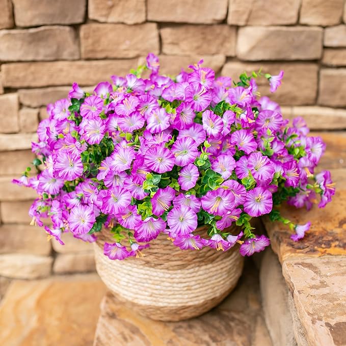 Artificial Flowers for Outdoors Fake Plants Outside Decoration, 12 Bundles Silk Purple Morning Glory UV Resistant Look Real Faux Flowers for Planter Front Door Porch Patio Yard Gardens Home