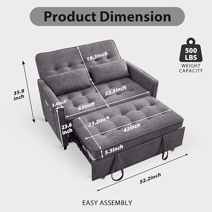 Convertible Sofa Bed, 3 in 1 Pull Out Couch, Loveseat Sleeper with Side Pocket, Living Room Sofa with Adjustable Backrest | USB Charging Port | Two Pillows | Towel Fabric | Dark Gray