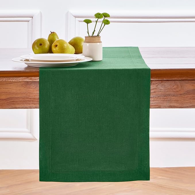 Solino Home Linen Table Runner 36 Inches - 100% Pure Linen Pine Green Table Runner 14 x 36 Inch Ideal for Dresser and Coffee Tables - Fall, Autumn, Thanksgiving - Fete