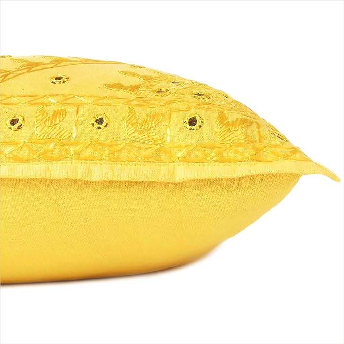Eyes of India Embroidered Decorative Boho Throw Pillow Cover with Mirrors, Handmade Bohemian Accent Cushion Case for Sofa Couch Bedroom Living Room (Yellow, 24" x 24")