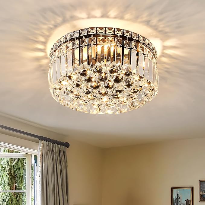 4-Light Black Crystal Chandeliers Flush Mount Chandelier Light Fixture with K9 Crystals Modern Ceiling Lights Elegant Round Lamp for Bedroom,Hallway,Bar,Living Room,Dining Room,H5.9 xW13.7
