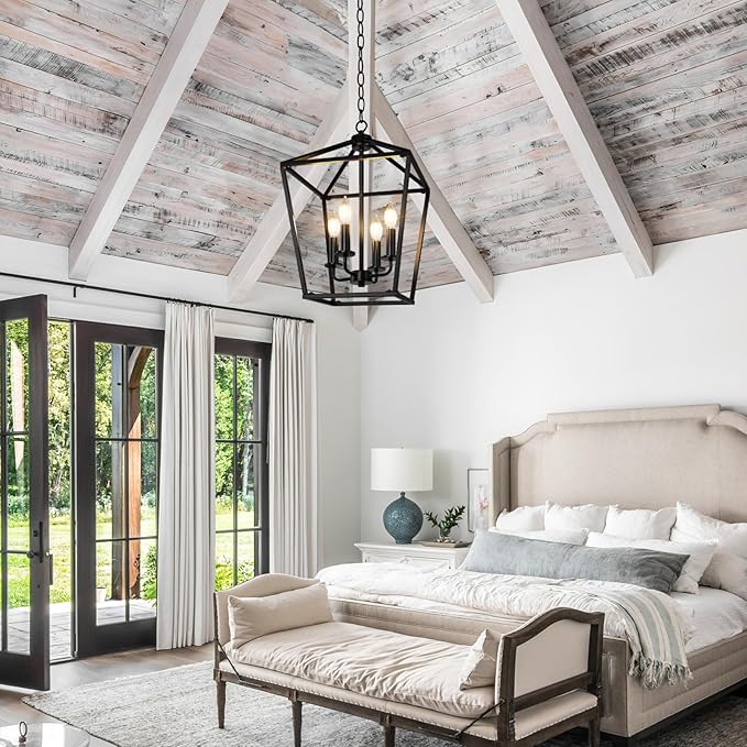 Farmhouse Chandelier 4-Light, Black Pendant Light Fixture for Kitchen Island Dining Room, Lantern Industrial Lighting Ceiling Hanging with Metal Cage Adjustable Height for Entryway Foyer