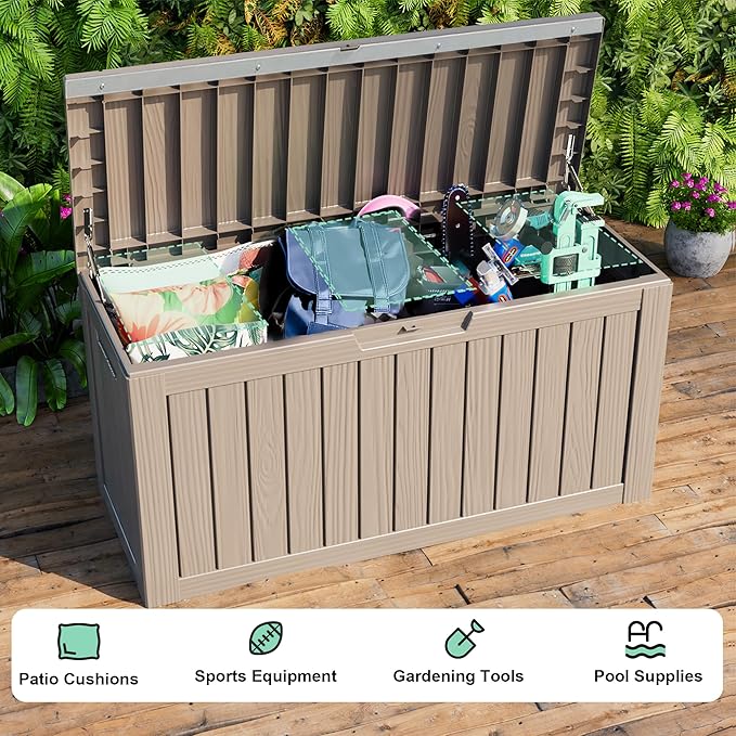 87 Gallon Deck Box Large Outdoor Storage for Patio Furniture,Outdoor Cushions,Garden Tools and Pool Supplies,Waterproof,Resin,Lockable(Grey)