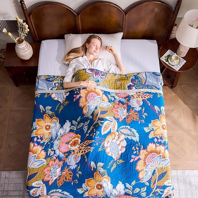 Boho Throw Blanket, Blue Lightweight Blankets for Summer, 100% Cotton Bohemian Decorative Throw Blanket, 50"x60" Reversible Muslin Breathable Woven Farmhouse Blankets Quilt,