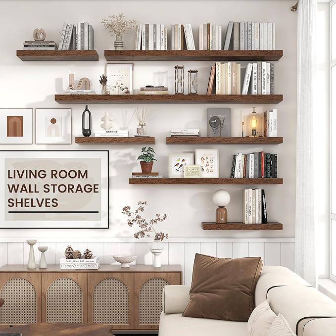 Floating Shelves - 2 Large Wall Mounted Shelves with Invisible Brackets, Long Wood Floating Wall Shelf for Living Room, Bedroom, Kitchen, (Brown, 24" W x 9" D x 1.5" H)