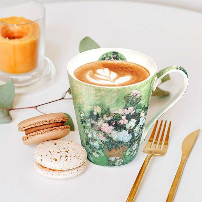 Coffee Mug Sets of 4, 12oz Bone China Porcelain Cups with Art Print Large Handle Dishwasher Microwave safe for Tea Cocoa or Hot Chocolate