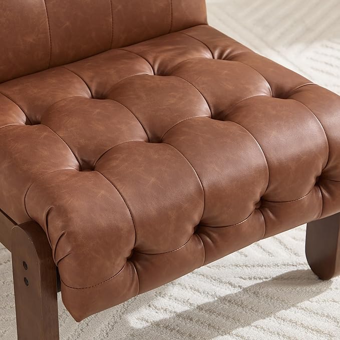 Modern Armless Accent Chair Set of 2 for Living Room, Brown PU Leather Button Tufted Upholstered Lounge Reading Chair with Walnut Wood Frame