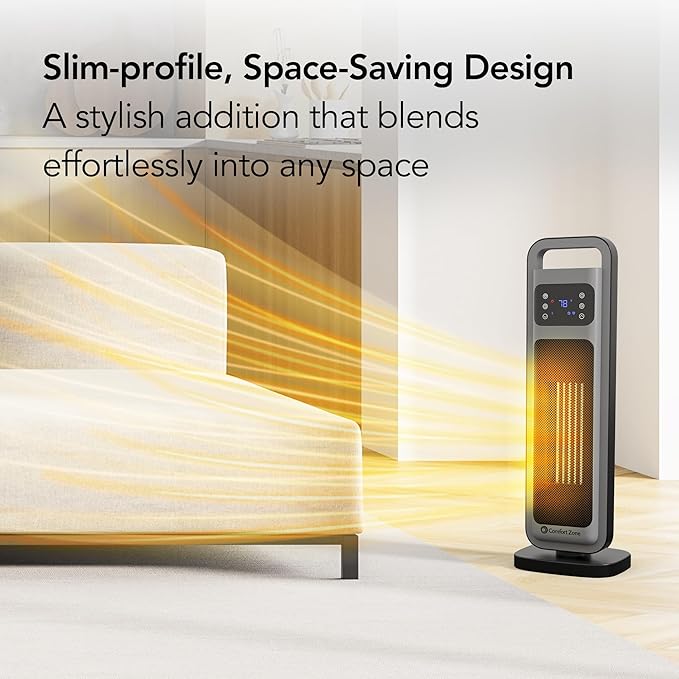 Comfort Zone Oscillating Digital Tower Heater with Remote Control for Indoor Use, Adjustable Thermostat, Timer, Overheat Protection, Tip-Over Switch, Ideal for Home, Bedroom, & Office, HT1206-GRY