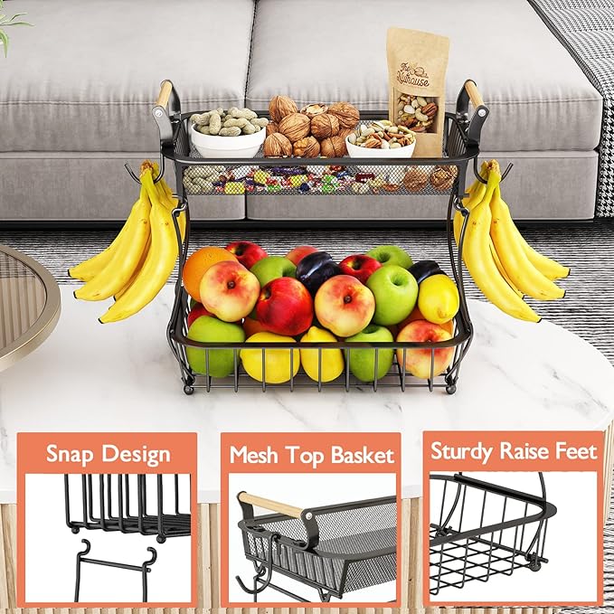 ANTOPY 2 Tier Fruit Basket with 2 Banana Hangers, Countertop Fruit Vegetable Basket Bowl for Kitchen Counter Metal Mesh Basket Fruits Stand Produce Holder Organizer for Onion Potato Bread Snack Veggie