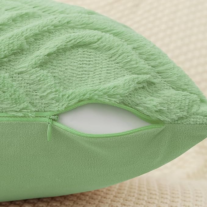 decorUhome Throw Pillow Covers 18x18 Inch Set of 2, Soft Plush Decorative Faux Fur Sage Green Solid Couch Pillow Covers, Accent Farmhouse Neutral Square Euro Pillow Cases for Sofa Bed Living Room