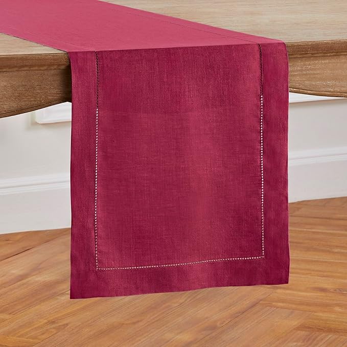 Solino Home Linen Beet Table Runner 120 Inches Long - 100% Pure Linen Hemstitch 14 x 120 Inch Table Runner for Dining, Fall, Autumn, Thanksgiving - Classic Hemstitch