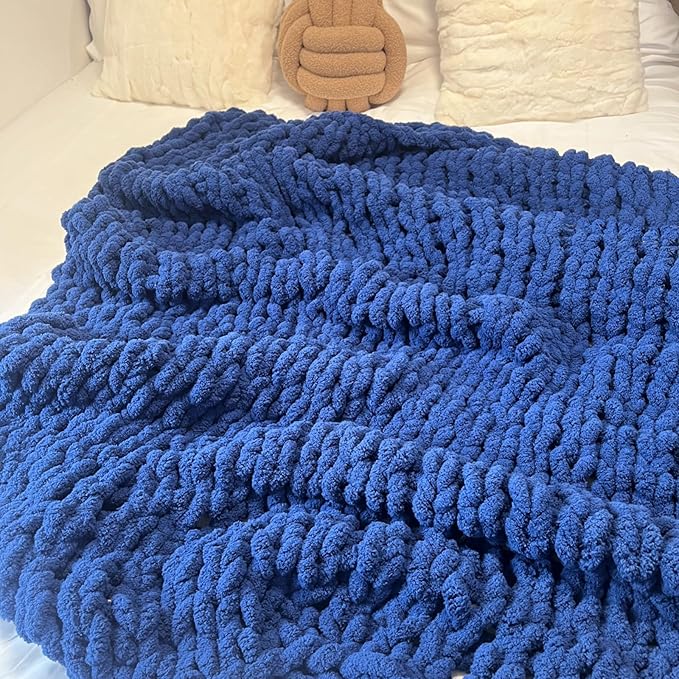 Chunky Knit Blanket Throw 40"x60", Chenille Throw Blankets, Handmade Warm & Cozy Blanket Couch Bed Home Decor, Soft Breathable Fleece Banket, Christmas for Couch Bed Sofa Best Gift (Navy Blue)