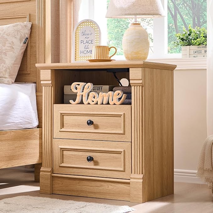 26" Tall Farmhouse Nightstand, 2 Drawers End Table w/Charging Station, 23.6" Wide Large Side Table w/Roman Column, Wood Rustic Sofa Table w/Open Shelf, Bedside Table for Bedroom, Natrual