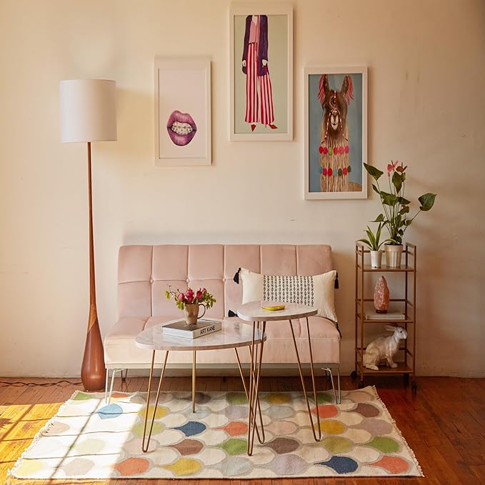 GLOBE Electric Novogratz x Harrington 65" Floor Lamp, 2-Tone Faux Wood Base, White Fabric Shade, Socket Rotary Switch 67225