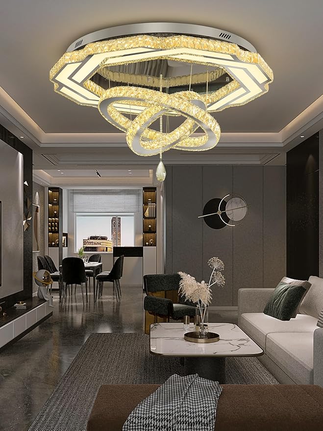 Flashing God Large Crystal Chandelier Dia 48" Silver Chandelier Flush Mount Ceiling Light for Bedroom Living Room Dining Room Hallway Dimmable 3 Rings LED Celing Lighting Fixtures