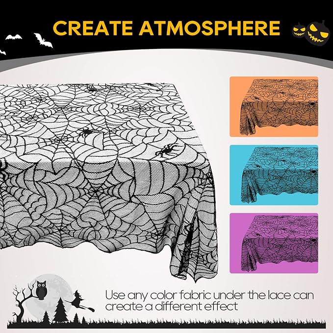 eZAKKA Halloween Table Cloth, 60"x104" Spider Webs Tablecloths Black Tablecloth Lace Fabric Table Cloths Spooky Table Cover for Rectangle Tables for Parties Gothic Halloween Home Decorations