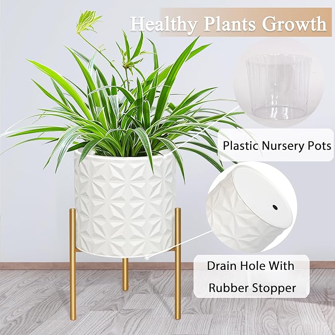 ARNIS Modern Planter Pots, Set of 2 Large Planters with Stand, Decorative Planters, Metal Pots with Drainage Holes for Living Room, Office, Garden or Balcony, 8.25 &10.5 Inch, Matte White