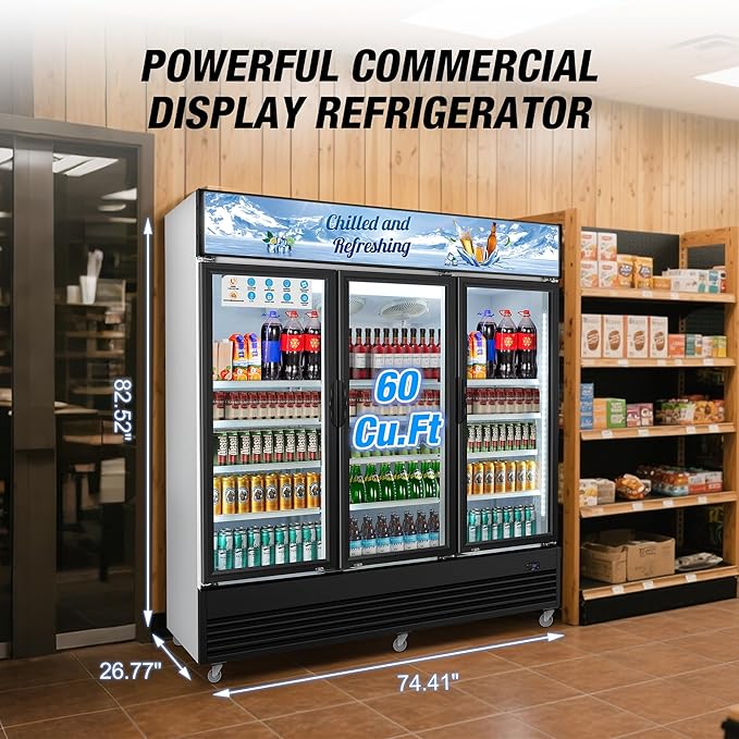 Commercial Beverage Refrigerator, 75" W 60 Cu. Ft. Commercial Drink Fridge, Display Refrigerator with 3 Glass Door, Commercial Display Fridge with 12 Adjustable Shelves, for Shop, Restaurant, Bar