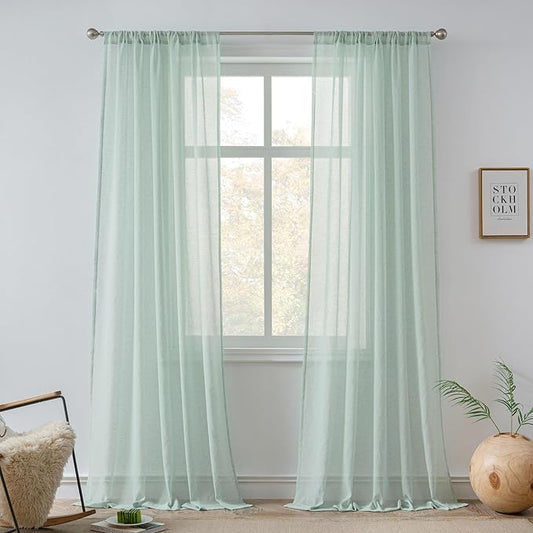 FMFUNCTEX Linen Sheer Curtains for Bedroom, Sage Green Curtains 84 inches Long for Living Room, Farmhouse French Flax Blend Window Draperies, Rod Pocket 2 Panels Set