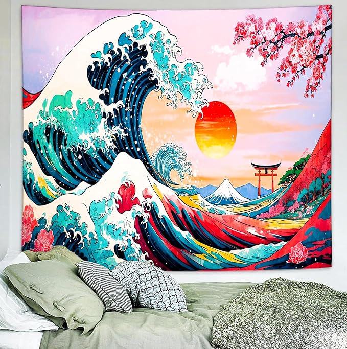 Delur Great Wave Tapestry Japanese Sunset Ocean Sea Wave Off Kanagawa Tapestry Wall Hanging Vintage Asian Anime Cherry Blossom Nature Headboard for Bedroom Living Room Home Decor (51.2" x 59.1")