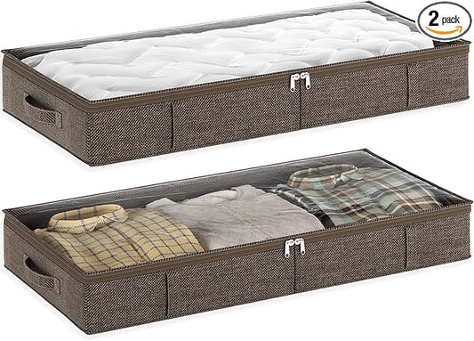 Brown Low Profile Under Bed Storage Containers 5 inches high, 33.8"x 17.7"x 5.1", Sturdy Underbed Shoe Storage Organizer, Foldable Fabric Under the Bed Storage Bins - Pack of 2