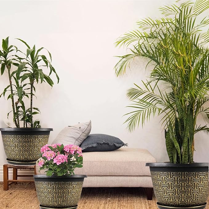 4 Pack 16 Inch Planter,Large Plastic Flower Pots Outdoor Indoor with Drainage Holes & Trays, Retro Antique Imitation Decorative Garden Plant Pots Outdoor for Houseplants