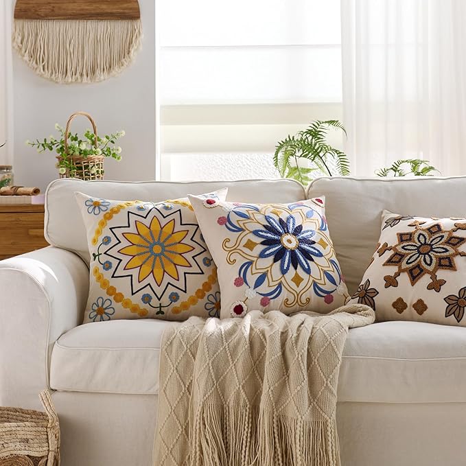 Embroidered Throw Pillow Cover 18x18 Classic Boho Floral Pattern Pillows Cover Outdoor Decorative Pillowcase,Durable Cozy Textured Cushion Case for Sofa Couch Bed Living Room,Yellow