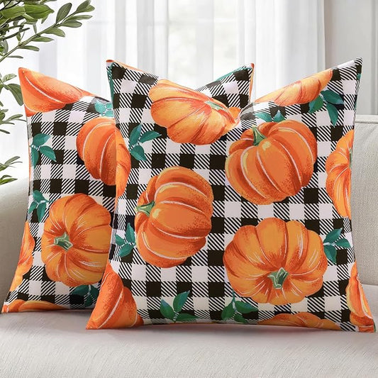 decorUhome Fall Orange Pumpkin Decorative Throw Pillow Covers 18x18 Set of 2, Buffalo Plaid Check Farmhouse Cushion Covers for Autumn Harvest Couch Sofa Bed Home Decor