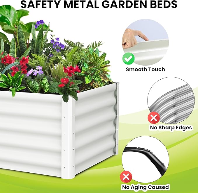Galvanized Raised Garden Bed Outdoor, 2 Pcs 6x3x1.5FT Outdoor Large Planter Raised Beds Open Base with Safety Edge and Glove for Vegetables Flowers Ground Planter, White