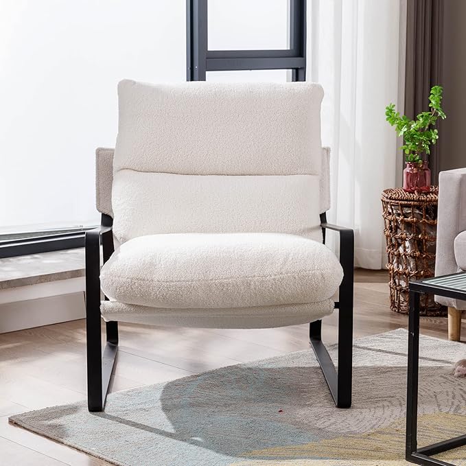 DUOMAY Modern White Sherpa Accent Chair Set of 2, Comfy Lounge Lazy Chair with Metal Leg, Mid-Century Corner Arm Chair for Living Room Bedroom Office Apartment