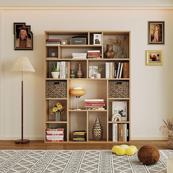 71" Tall 6-Tier Heavy Duty Bookcase with 2 Foldable Storage Baskets, 55" Wide Open Bookshelf with 16 Irregular Cubes for Living Room, Office （Yellow）