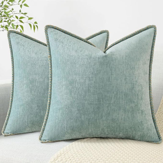 decorUhome Chenille Soft Throw Pillow Covers 20x20 Set of 2, Farmhouse Velvet Neutral Decorative Euro Pillow Covers with Stitched Edge for Couch Sofa Bed Home Decor, Aqua Haze