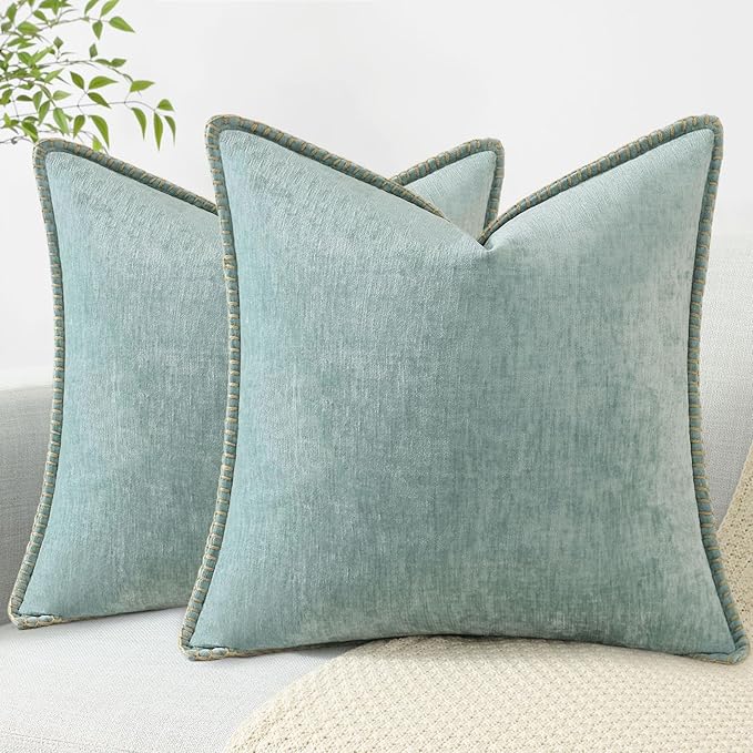decorUhome Chenille Soft Throw Pillow Covers 24x24 Set of 2, Farmhouse Velvet Neutral Decorative Euro Pillow Covers with Stitched Edge for Couch Sofa Bed Home Decor, Aqua Haze
