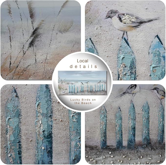 amatop Ocean Beach Wall Art 3D Framed Hand-Painted Seascape Oil Painting Perching Bird Canvas Artwork 'The Tranquility by The Sea Shore' for Living Room Bedroom Decor Coastal Blue