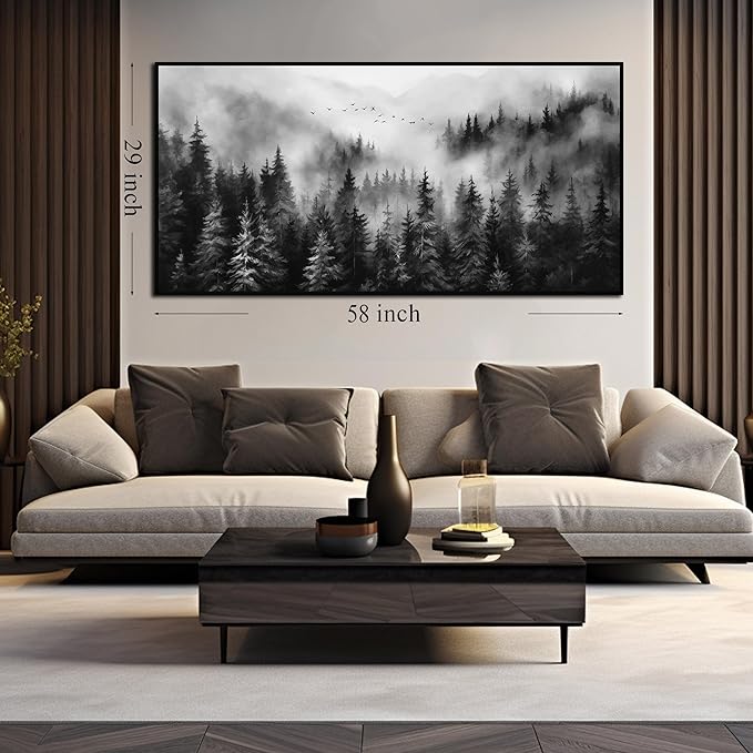 Foggy Forest Wall Art for Living Room Black and White Pictures for Wall Home Office Wall Decor with Black Frame 29 x 58 Inch