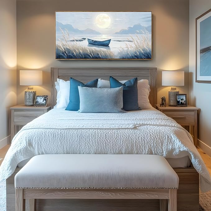 amatop Oversized Framed Coastal Wall Art for Living Room Blue Boat Moon Sea Picture Landscape Canvas Print Calming Night Ocean Lake Scene Large Artwork Nautical Bedroom Office Wall Decor 58x29 In